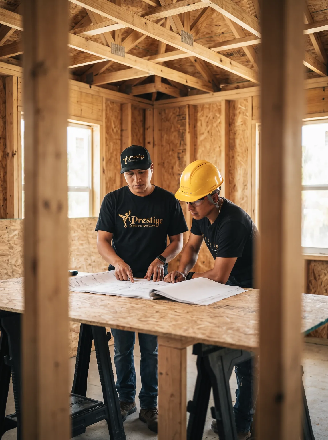 Two people reviewing drawings at a framed construction site