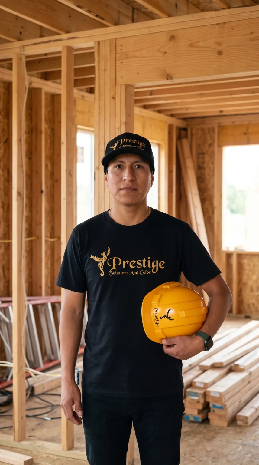 Person in a Prestige shirt holding a hard hat at a framed construction site